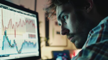A man appears troubled by a declining financial graph on his screen.