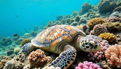 Fototapeta premium Sea turtle swimming among colorful coral reefs