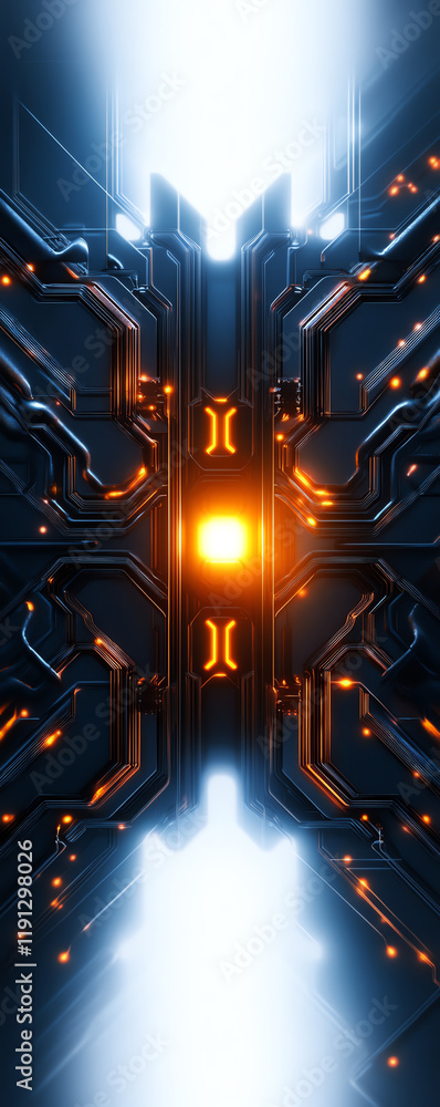 Poster futuristic abstract circuit design with glowing elements, highlighting the fusion of technology and 