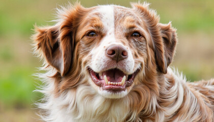 Happy dog smiling in a grassy field