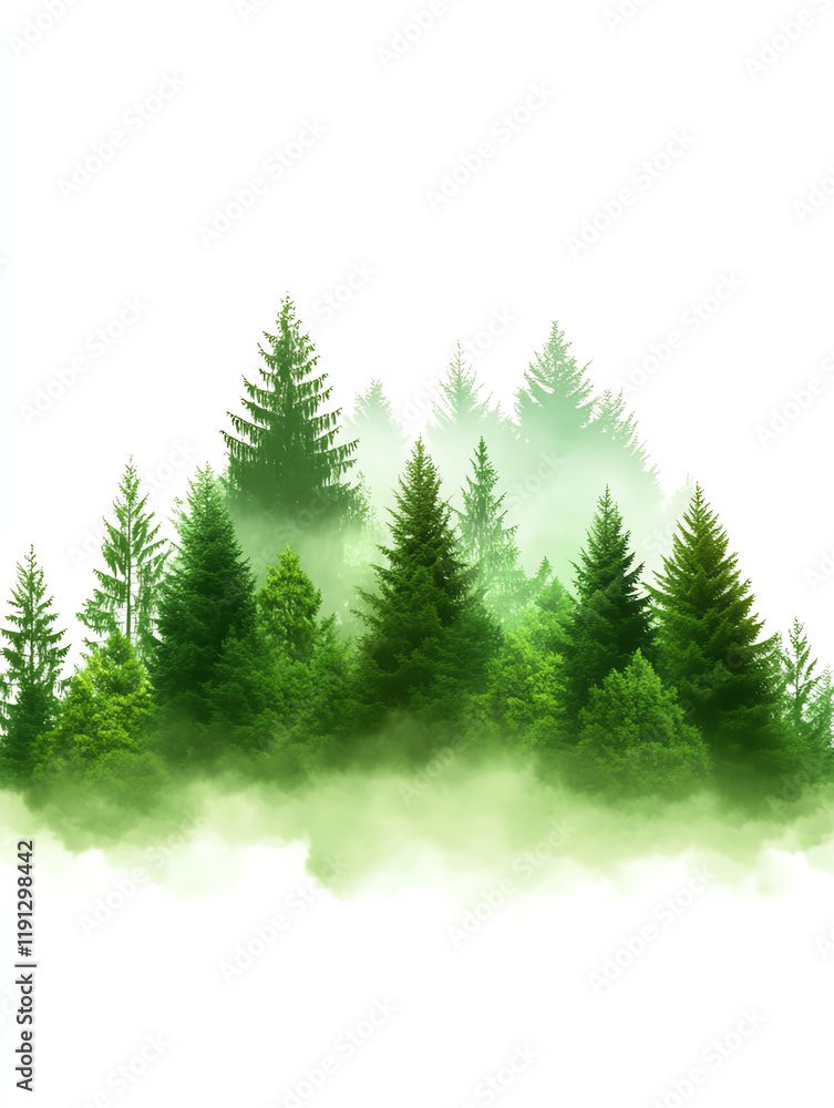 Poster lush green forest with tall trees enveloped in soft mist, creating a serene and tranquil atmosphere 