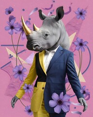 Surreal collage art of a figure with a rhinoceros head and half-yellow, half-blue suit on a pink...