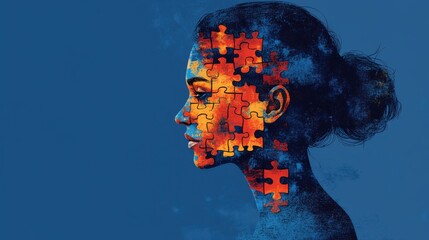 woman with a puzzle brain. Colorful illustration. Creative concept of poster, cover. Generative AI.