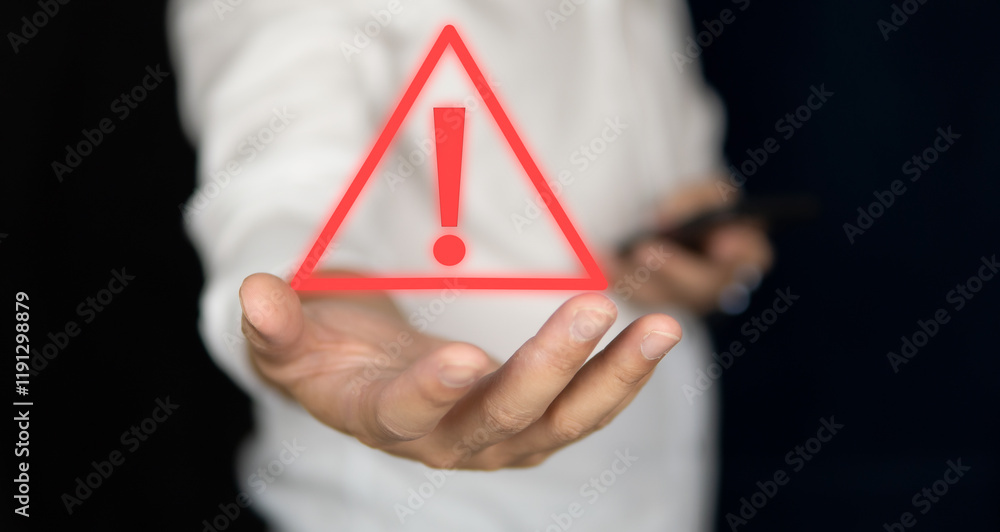 Poster emergency warning alert alarm on smartphone, data network protection, virus alarm with people using 