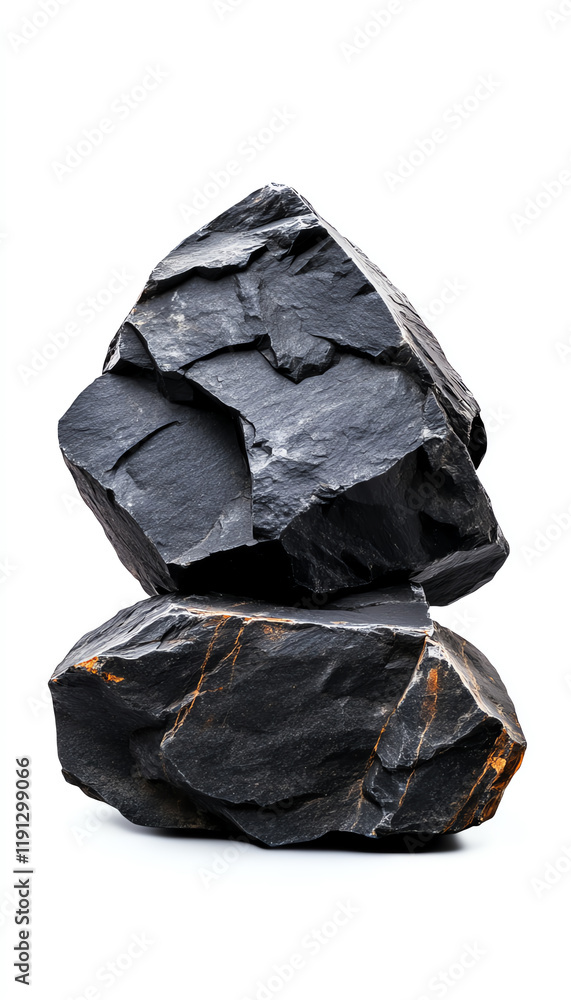 Poster two large, dark rocks stacked together, featuring rough textures and distinct edges, perfect for nat