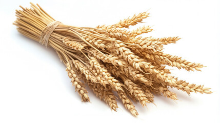 A bundle of golden wheat harvested in the countryside during the late summer season, on a white background