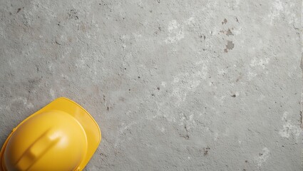 Naklejka premium Yellow hardhat on textured concrete surface industrial contrast top down view