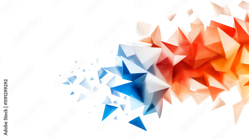 Poster vibrant abstract composition with dynamic triangles in red, white, and blue, creating a sense of mov
