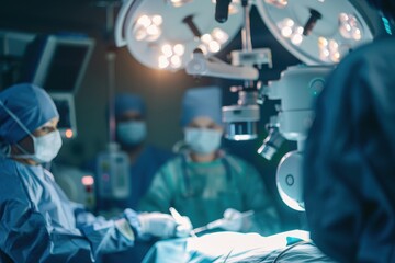 Medical Robot Performing Surgery with Supportive Medical Staff in Background