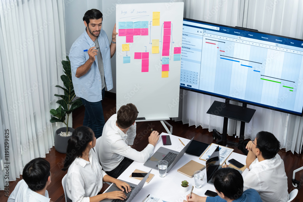 Leinwandbilder Project manager communicate and collaborate with team using project management software display on monitor, tracking progress of project task and making schedule plan at meeting table. Prudent