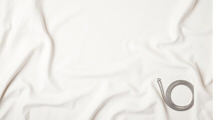 Soft off white linen with a subtle texture showcasing a delicate silver necklace gracefully laid in the bottom right corner