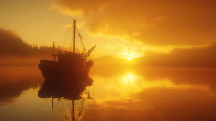 Fototapeta premium Barco pesquero al amanecer reflejado en aguas tranquilas