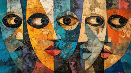 Retrato abstracto de rostros femeninos en estilo geométrico y texturizado