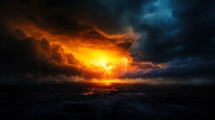 Fiery Sunset, Dramatic Storm Clouds over Ocean