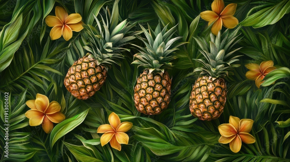Poster tropical seamless pattern featuring pineapples and vibrant flowers in a lush setting. generative ai