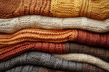 Stack of cozy knit sweaters in autumn colors