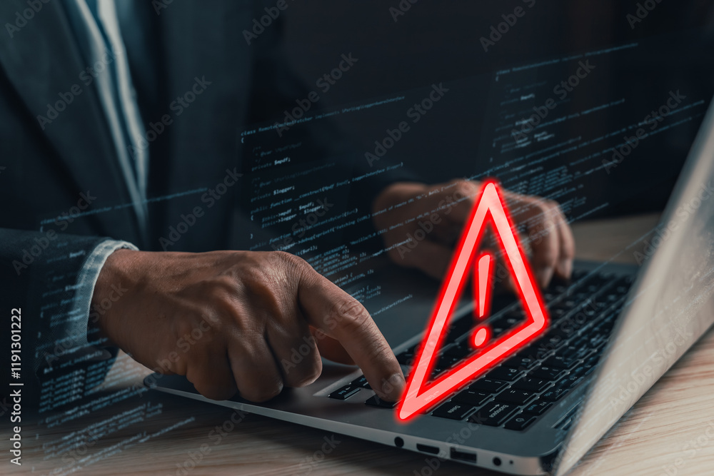 Poster a professional uses a laptop displaying a glowing red warning triangle with an exclamation mark, sym