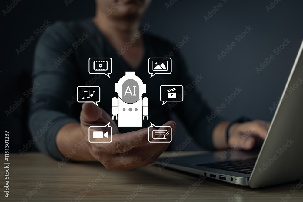 Poster a person interacts with a holographic ai chatbot interface displaying icons for music, video, text, 