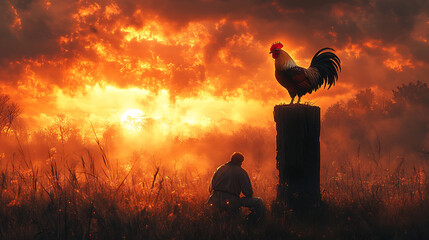 A rooster crowing atop a rustic wooden post, framed by a fiery morning sky, Saint Peter kneeling in sorrow in the foreground, his figure partially lit by the golden light, intricate realism,