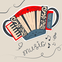 A sticker of a musical instrument accordion in the flat style with the inscription doodle