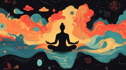 Vibrant Meditating Figure Amidst Waves of Colorful Abstract Art