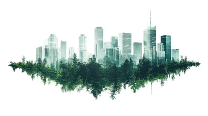 Fototapeta premium a Minimalist double exposure of a forest and city skyline with people isolated on a transparent background 