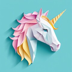Fototapeta premium Geometric low poly unicorn head profile, pastel pink and yellow mane, turquoise background.