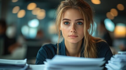 Focused Female Auditor in Professional Outfit Reviewing Documents