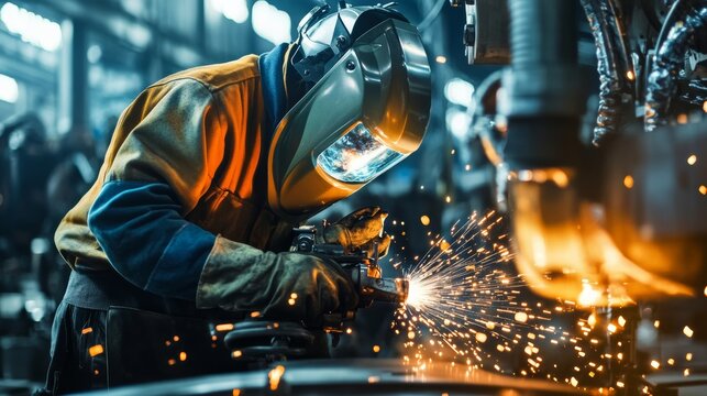 A close-up of a factory worker in protective gear welding parts for heavy machinery, with sparks flying in a busy industrial environment, Heavy machinery workshop scene