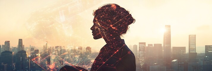 Futuristic Double Exposure of a Business Professional and a Connected Smart City – Modern Concept of Innovation, Technology, and Global Networking