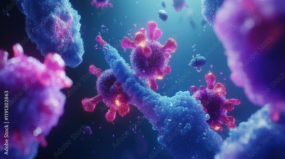 Poster visual representation of antibodies engaging and attacking luminous viruses in a colorful and dynami