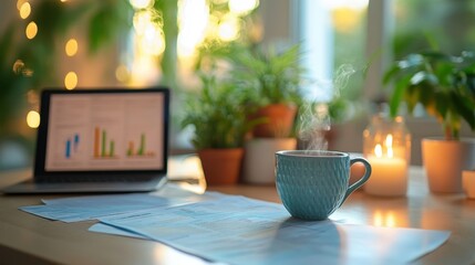 Cozy Workspace with Laptop and Financial Reports on Cluttered Desk