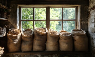 Fototapeta premium Burlap sacks of grain by rustic window.
