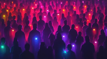 Bustling Urban Night Scene with Colorful Lights and Crowded People