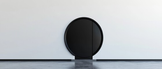 Circular black door in a white wall.