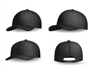 Black baseball cap mockup, multiple views, white background, design template (1)