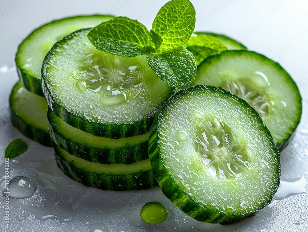 Poster thinly sliced cucumber rounds are arranged in neat stack showcasing their vibrant green color and cr