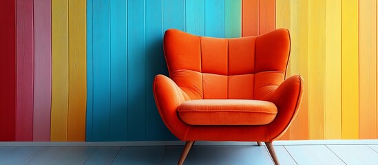 Vibrant Orange Armchair against a Rainbow Wall
