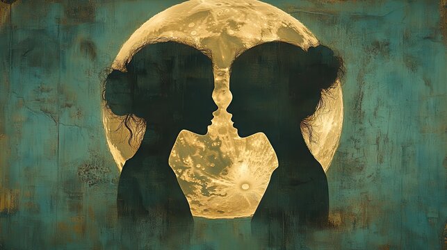 Mystical representation of Gemini zodiac sign with twin figures against a full moon backdrop