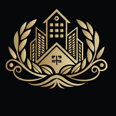 Elegant Golden Real Estate Emblem with Building and Laurel Ornament on Black Background