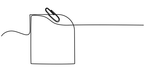 Naklejka premium Piece of paper on rope with clothespin, one continuous line drawing. Empty frame in outline style, papers with paper clip continuous one line drawing, Black and white vector illustration of a children