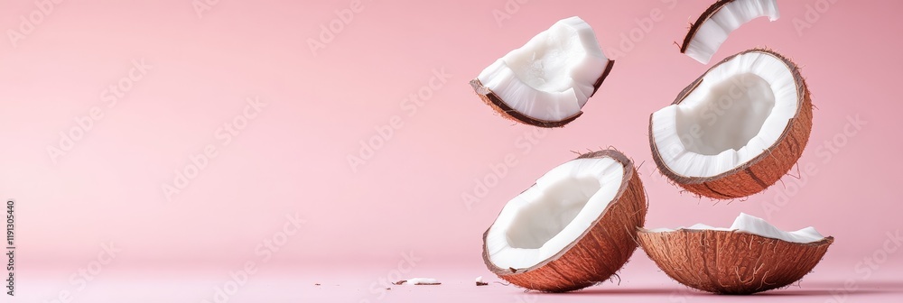 Poster several pieces of a broken coconut are levitating on a vibrant pink background, creating a visually 