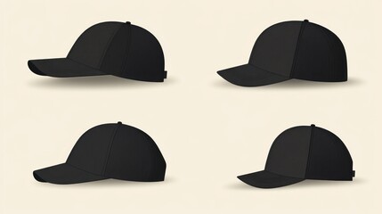 Black baseball caps mockup, various angles, isolated, design template
