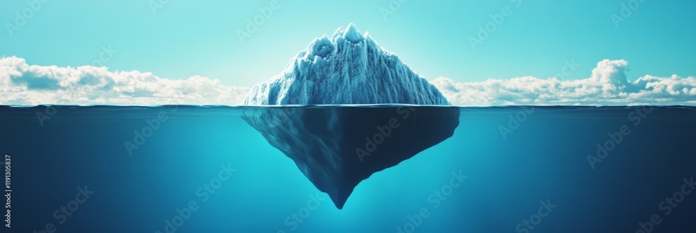 Poster large iceberg floating in the ocean with its underwater part visible, showing the much larger size b
