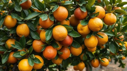 Fresh organic lemons hanging from tree branches in a sunny orchard, ready for harvesting and picking, ripe, lemons, tree