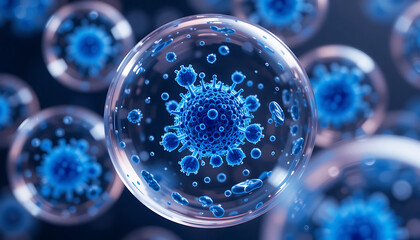 Close-up of blue exosome particles in transparent spheres, showcasing biotechnology, cosmetology, and trichology scientific visualization.