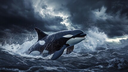 Fototapeta premium Majestic Orca Leaping Through Stormy Seas