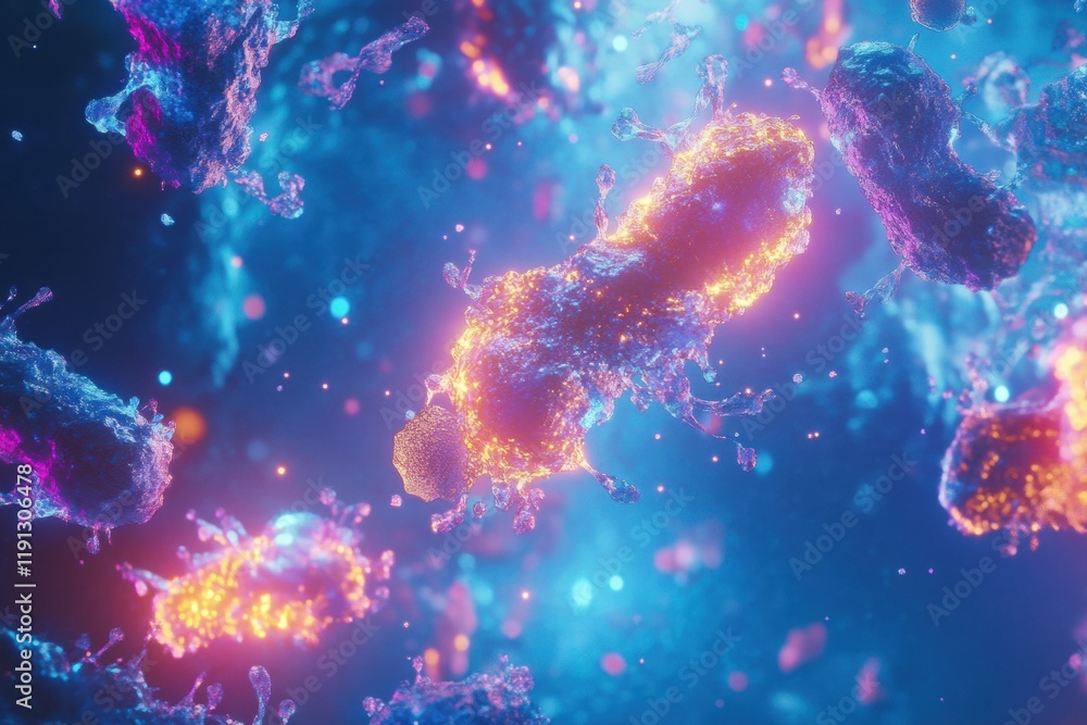 Leinwandbilder Visual representation of antibodies actively targeting glowing viruses in a dynamic environment. Generative AI