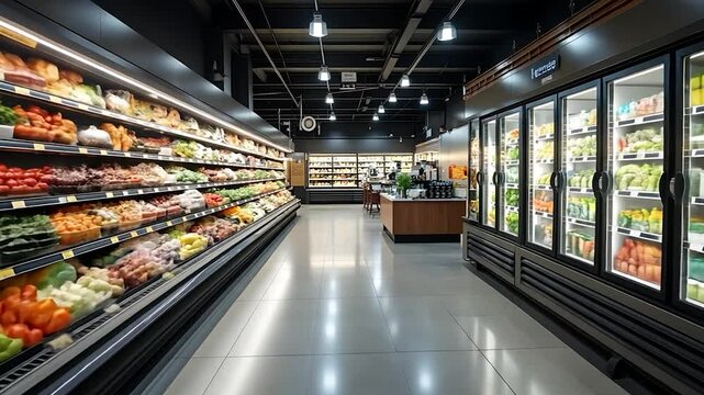 Grocery Store Interior with Produce and Refrigerated Sections