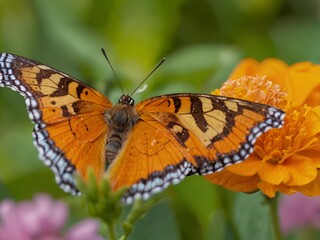 Obraz premium Closeup shot of a beautiful butterfly on an orange-petaled flower
